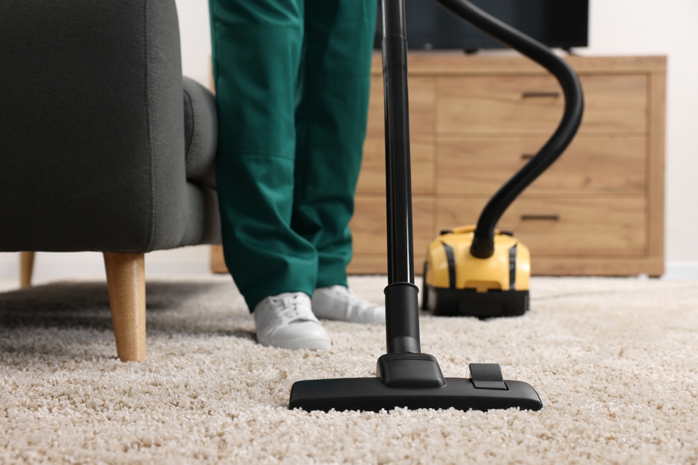 Dry,Cleaner's,Employee,Hoovering,Carpet,With,Vacuum,Cleaner,Indoors,,Closeup